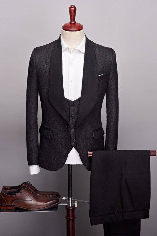 Elegant Black Jacquard Three-Piece One-Button Wedding Ensemble for Men