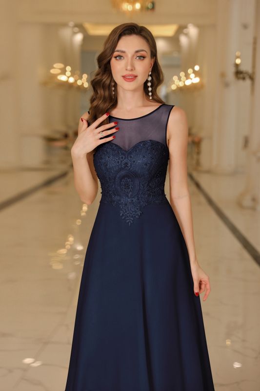 Elegant Chiffon Sleevless Evening Dress Scoop Neck Lace Apliques Bridesmaid Dress