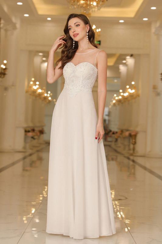 Elegant Chiffon Sleevless Evening Dress Scoop Neck Lace Apliques Bridesmaid Dress