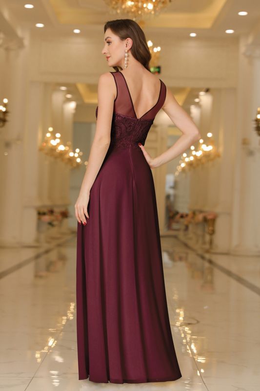 Elegant Chiffon Sleevless Evening Dress Scoop Neck Lace Apliques Bridesmaid Dress