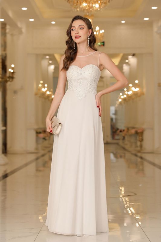 Elegant Chiffon Sleevless Evening Dress Scoop Neck Lace Apliques Bridesmaid Dress