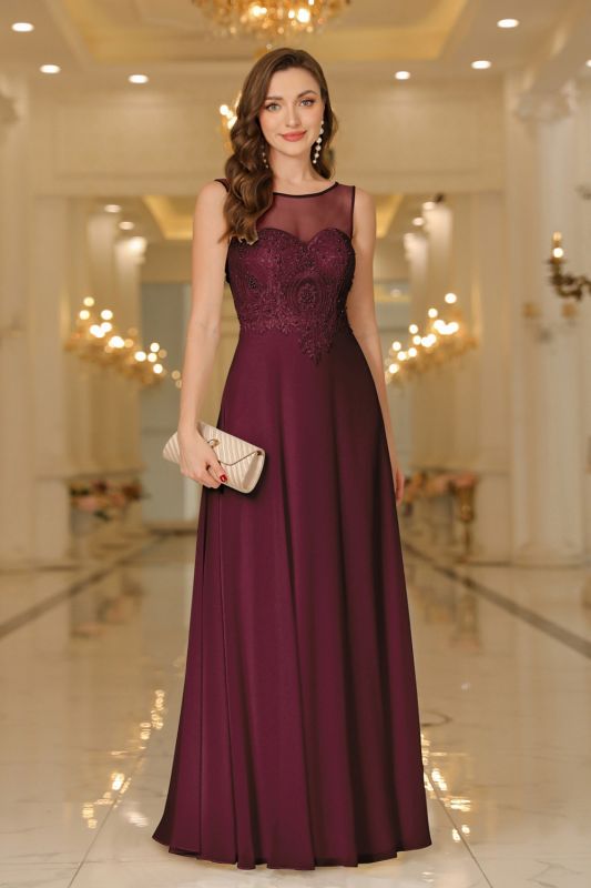 Elegant Chiffon Sleevless Evening Dress Scoop Neck Lace Apliques Bridesmaid Dress