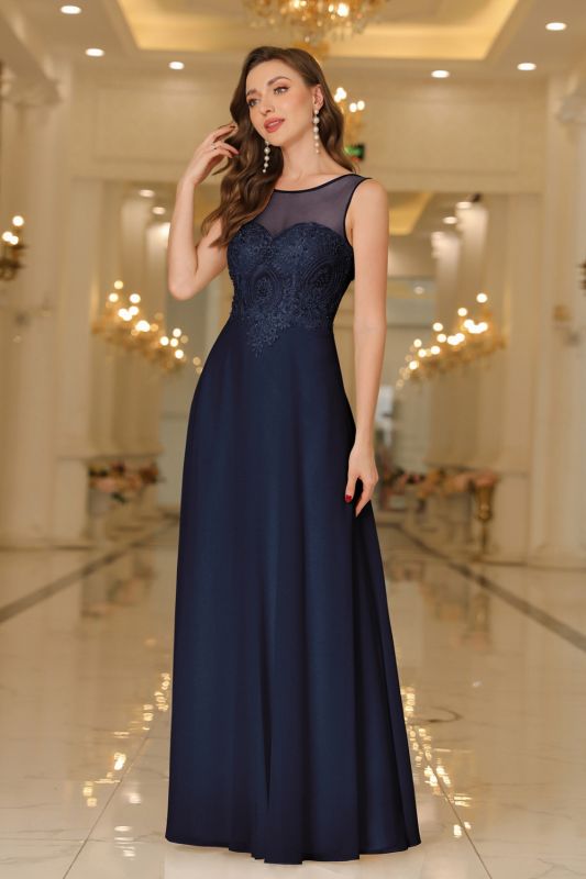 Elegant Chiffon Sleevless Evening Dress Scoop Neck Lace Apliques Bridesmaid Dress