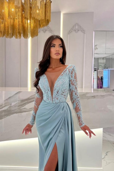 Elegant Column Floor-Length Split Front Long Sleeve V-Neck Stain Prom Dresses with Lace