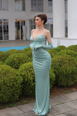 Elegant Column Spaghetti Straps Sweetheart Sleeveless Ruffles Satin Prom Dresses