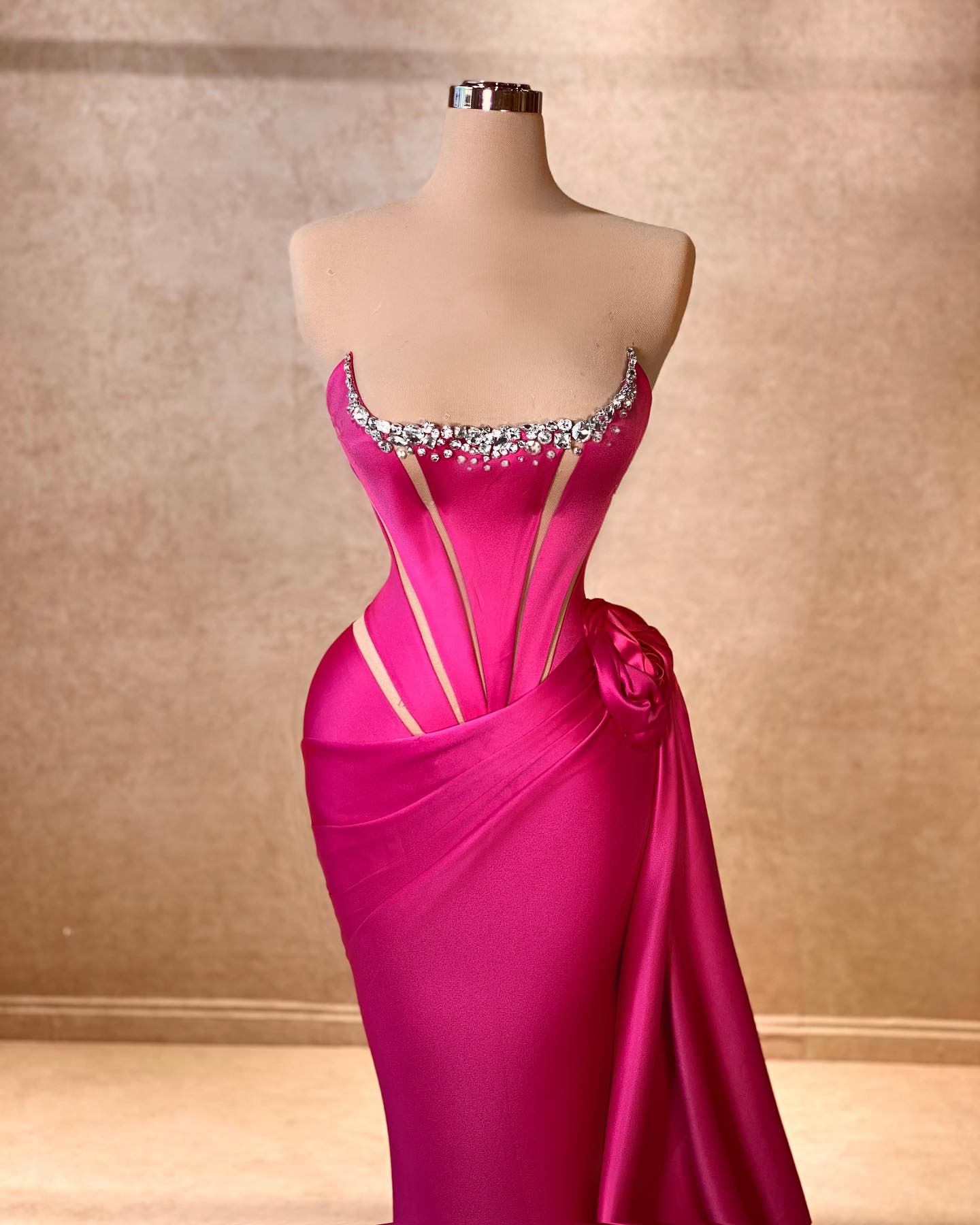 Elegant A-line Square Sleeveless Rhinestone Satin Fuchsia Long Prom Dress