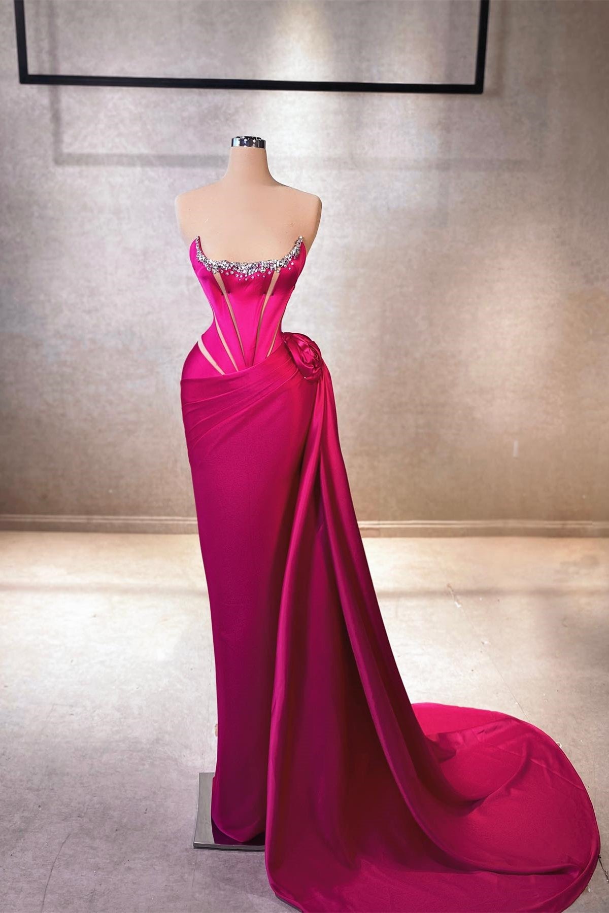 Elegant A-line Square Sleeveless Rhinestone Satin Fuchsia Long Prom Dress