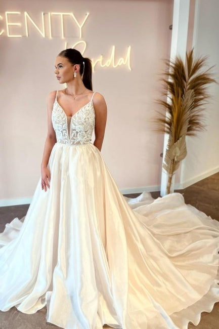 Elegant Floor-Length Spaghetti Straps V-Neck Sleeveless A-Line Wedding Dresses with Appliques