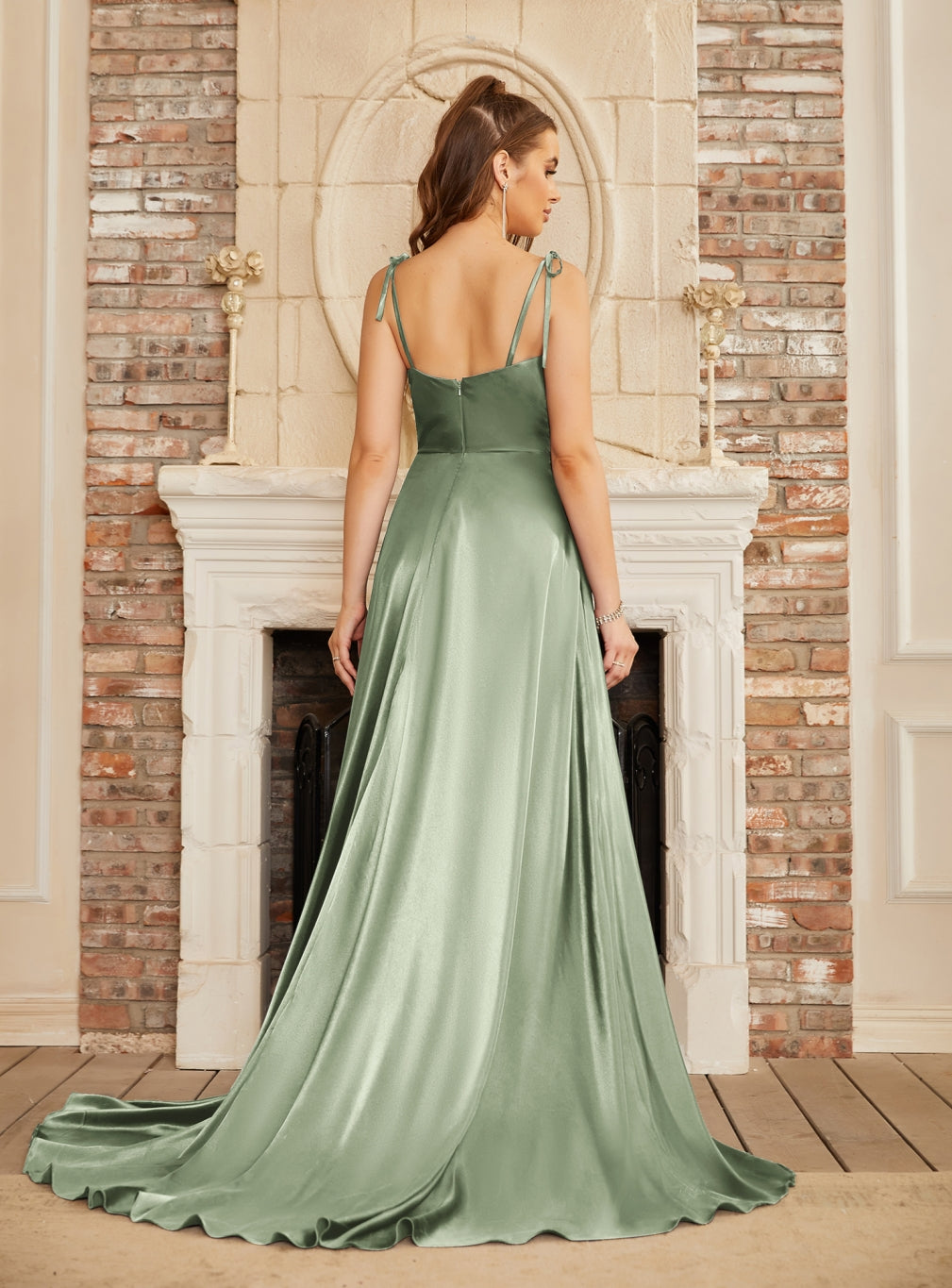 Elegant High Split Shiny Floor-Length Dresses with Spaghetti Straps