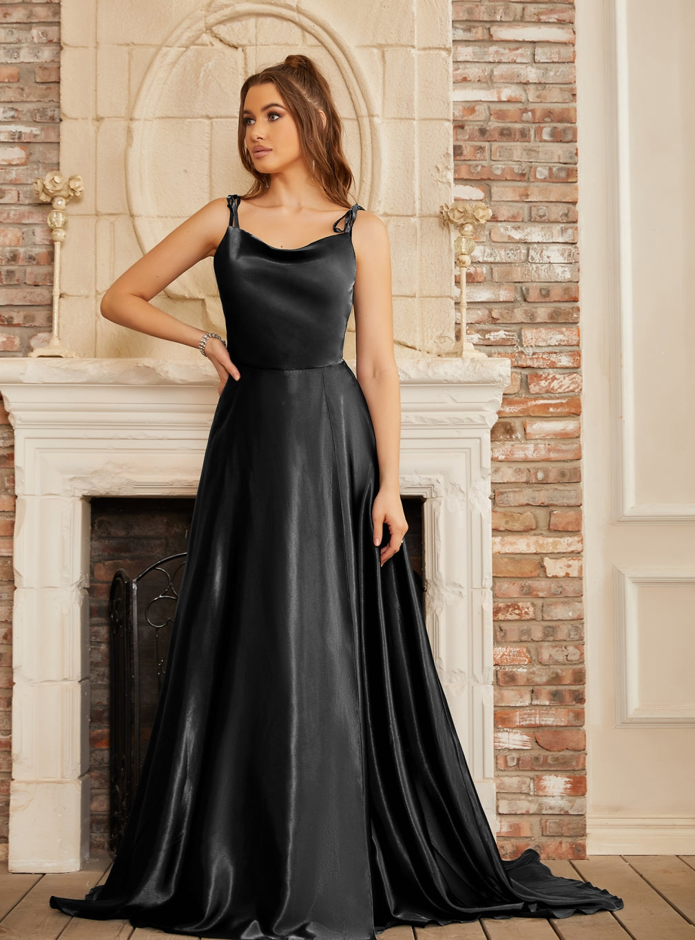 Elegant High Split Shiny Floor-Length Dresses with Spaghetti Straps