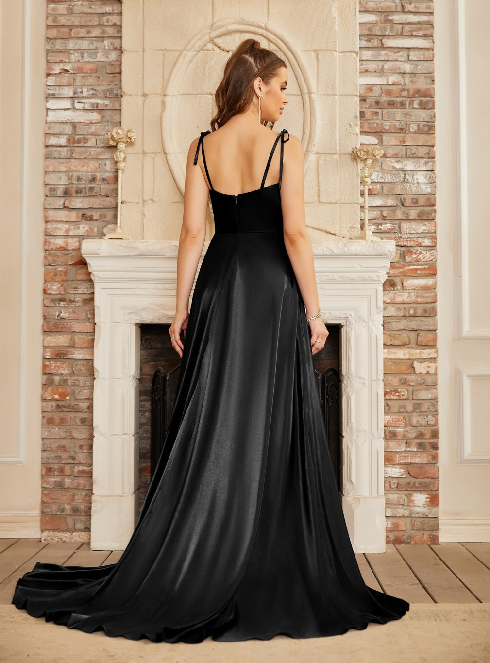 Elegant High Split Shiny Floor-Length Dresses with Spaghetti Straps