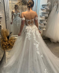 Elegant Long A-line Off-the-shoulder Sweetheart Appliques Glitter Wedding Dress