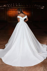 Elegant Long A-line Off-the-shoulder V-neck Satin Wedding Dress