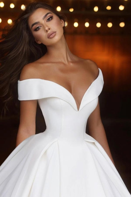 Elegant Long A-line Off-the-shoulder V-neck Satin Wedding Dress