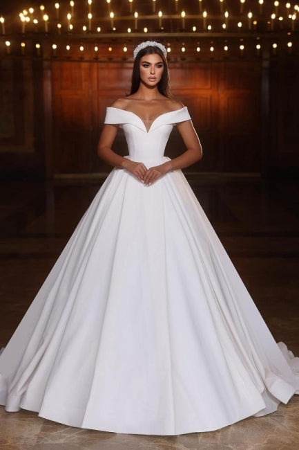 Elegant Long A-line Off-the-shoulder V-neck Satin Wedding Dress