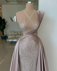 Elegant Long A-line Sequined Lace Sleeveless Satin Prom Dress