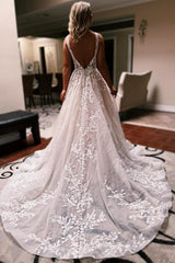 Elegant Long A-line V-neck Backless Lace Glitter Sleeveless Wedding Dresses