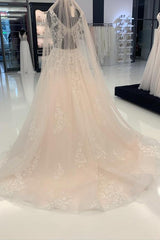 Elegant Long A-line V-neck Tulle Sleeveless Wedding Dresses with Lace