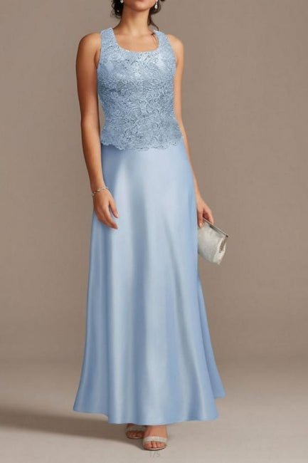 Elegant Long Blue Lace Satin Mother of the Bride Dresses with Jacket