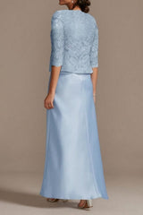 Elegant Long Blue Lace Satin Mother of the Bride Dresses with Jacket