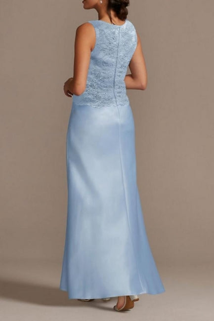 Elegant Long Blue Lace Satin Mother of the Bride Dresses with Jacket