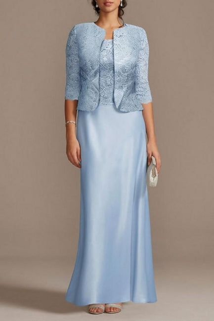 Elegant Long Blue Lace Satin Mother of the Bride Dresses with Jacket