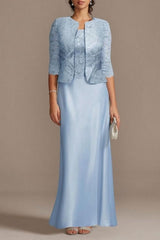 Elegant Long Blue Lace Satin Mother of the Bride Dresses with Jacket