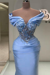 Elegant Long Blue Mermaid Off-the-shoulder Lace Beading Sleeveless Prom Dress