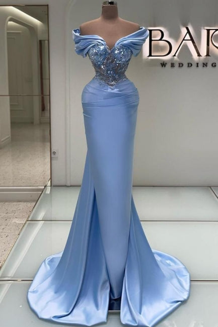 Elegant Long Blue Mermaid Off-the-shoulder Lace Beading Sleeveless Prom Dress