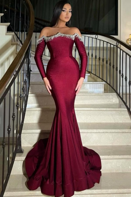 Elegant Long Burgundy Mermaid Rhinestones Prom Dress with Long Sleeves