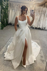 Elegant Long Ivory A-line Straps Satin Sleeveless Backless Wedding Dress With Slit