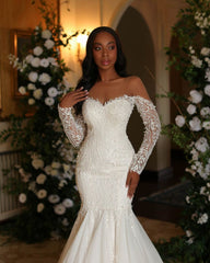 Elegant Long Ivory Mermaid Long Sleeves Lace Tulle Wedding Dress