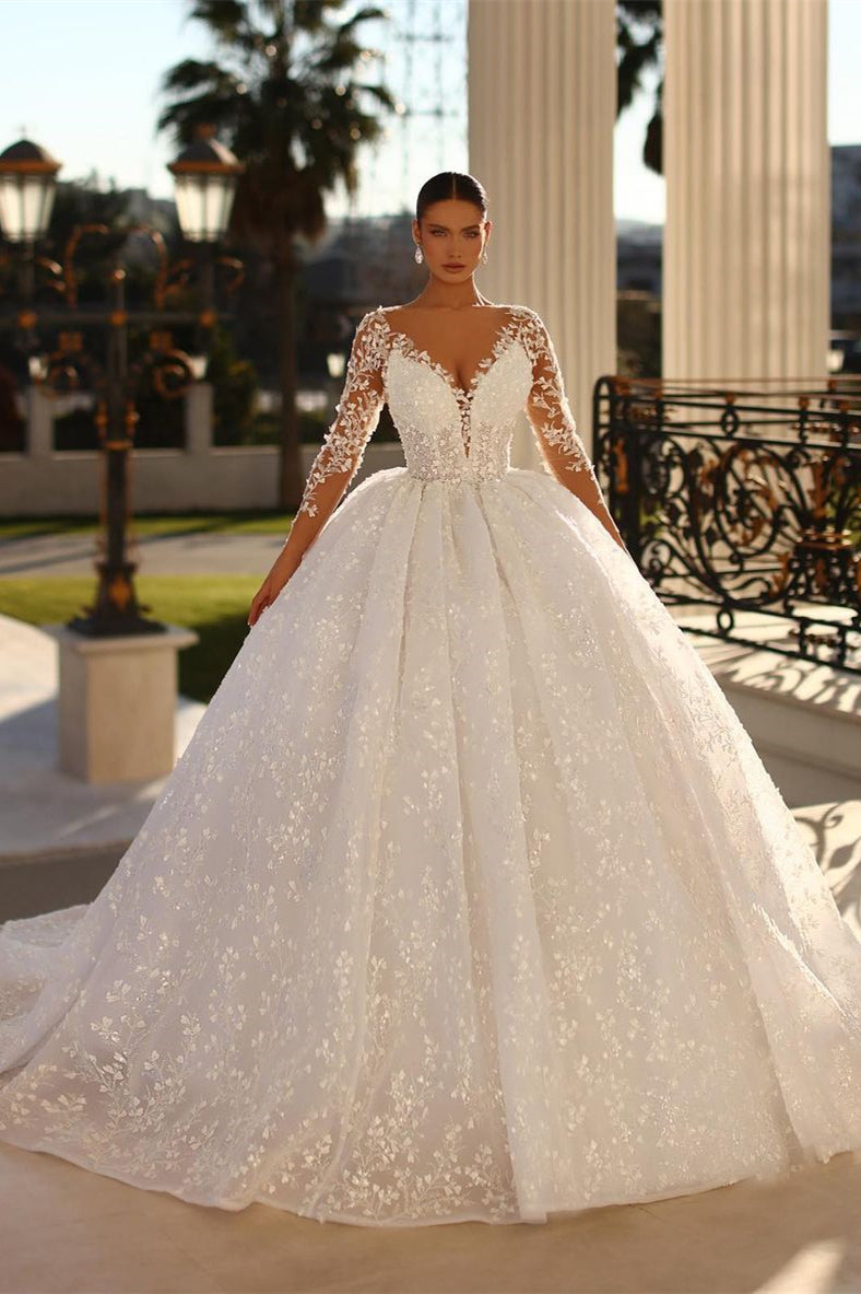 Elegant Long Ivory V-neck Ball Gown Lace Wedding Dress With Long Sleeves