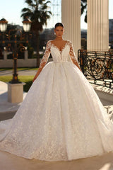 Elegant Long Ivory V-neck Ball Gown Lace Wedding Dress With Long Sleeves