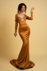 Elegant Long Mermaid Irregular Neckline Satin Rhinestones Prom Dress With Long Sleeves