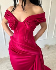 Elegant Long Mermaid Off-the-shoulder Sleeveless V-neck Satin Fuchsia Prom Dress