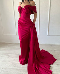 Elegant Long Mermaid Off-the-shoulder Sleeveless V-neck Satin Fuchsia Prom Dress