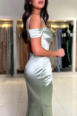 Elegant Long Mermaid Simple Spaghetti Straps Off-the-shoulder Satin Prom Dress With Slit