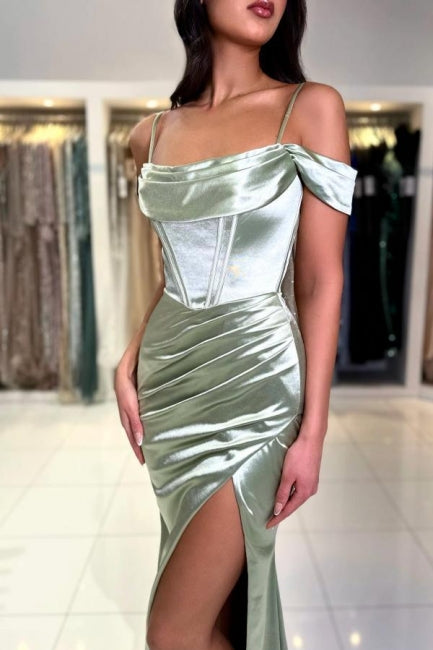 Elegant Long Mermaid Simple Spaghetti Straps Off-the-shoulder Satin Prom Dress With Slit