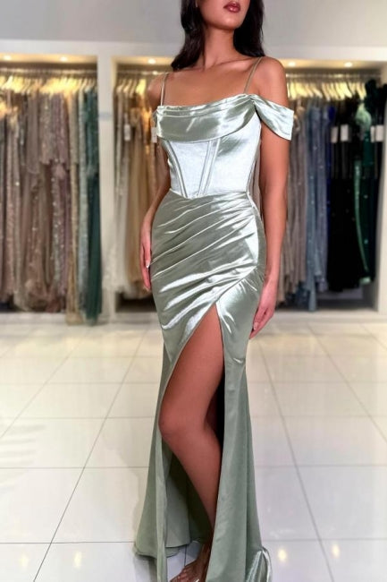 Elegant Long Mermaid Simple Spaghetti Straps Off-the-shoulder Satin Prom Dress With Slit