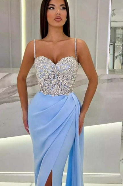 Elegant Long Mermaid Spaghetti Straps Sweetheart Glitter Prom Dress With Slit