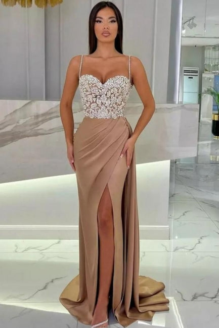 Elegant Long Mermaid Spaghetti Straps Sweetheart Glitter Prom Dress With Slit