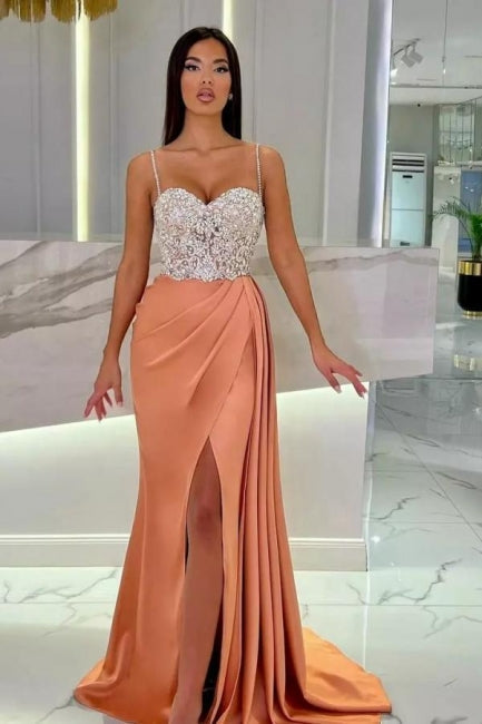 Elegant Long Mermaid Spaghetti Straps Sweetheart Glitter Prom Dress With Slit