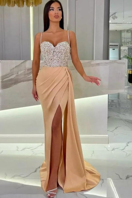 Elegant Long Mermaid Spaghetti Straps Sweetheart Glitter Prom Dress With Slit