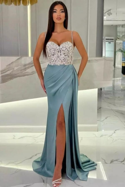 Elegant Long Mermaid Spaghetti Straps Sweetheart Glitter Prom Dress With Slit