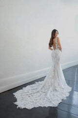 Elegant Long Mermaid V-neck Sleeveless Wedding Dresses With Lace-misshow.com