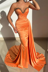 Elegant Long Orange Mermaid Sleeveless Satin Crystal Prom Dress