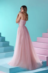 Elegant Long Pink A-line Strapless Lace Glitter Prom Dress With Slit