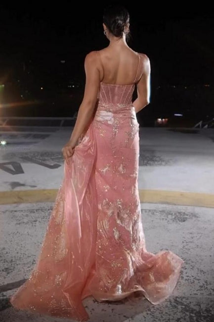 Elegant Long Pink Spaghetti Straps Sexy Lace Prom Dress With Slit