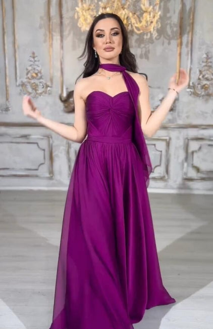 Elegant Long Purple A-line Strapless Laced-up Prom Dress